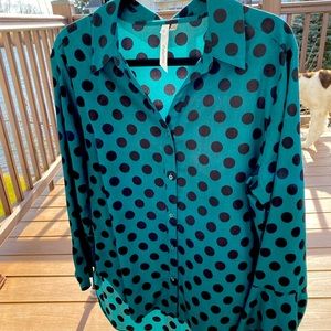 Green polka dot button down flared sleeves